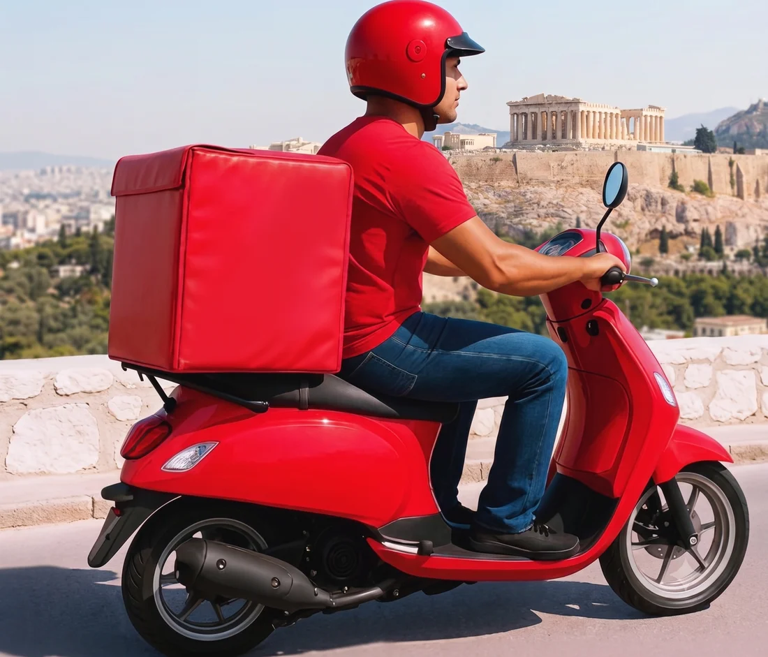 Διανομέας delivery με κράνος και τσάντα παράδοσης