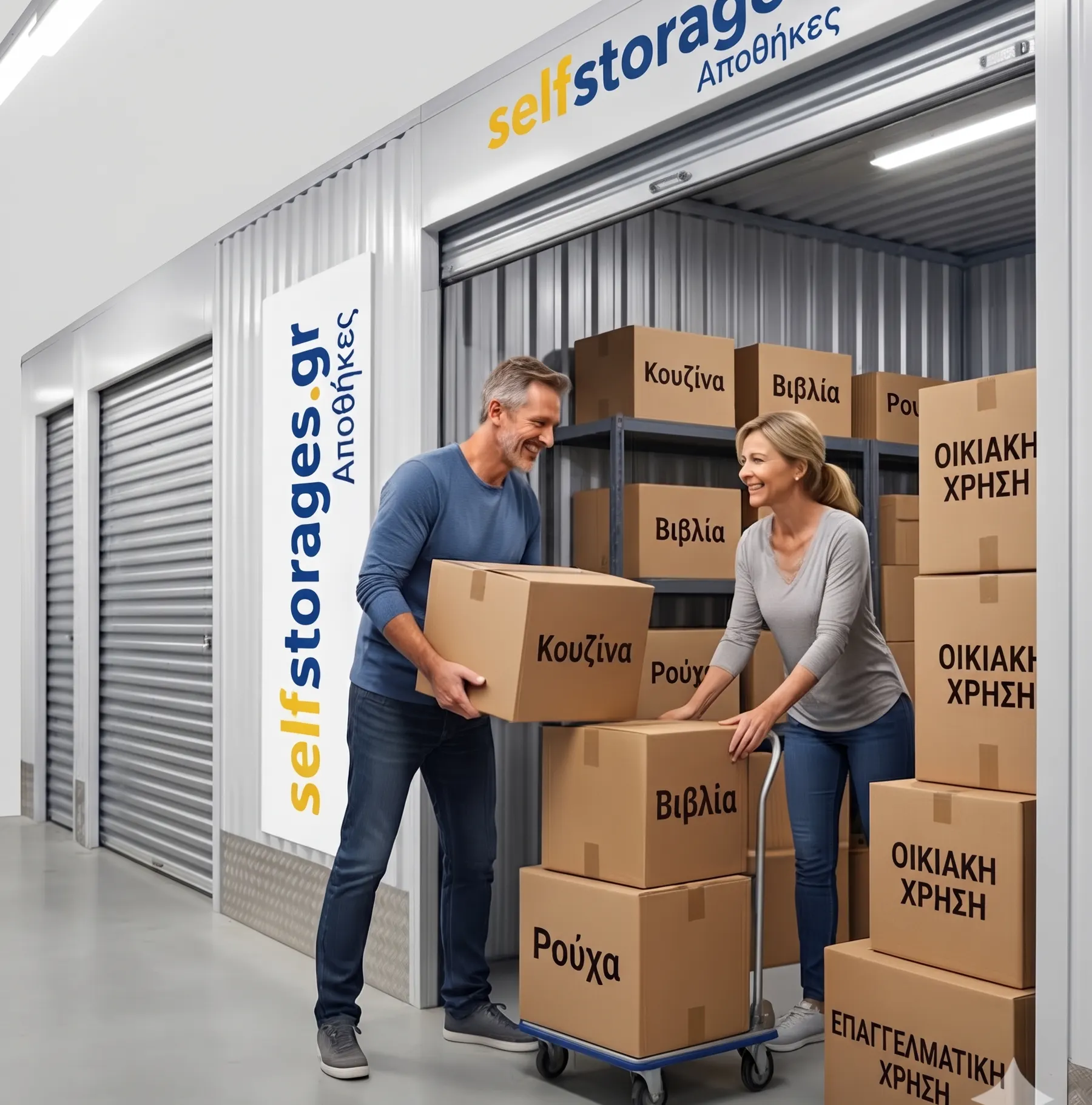 Πελάτες μεταφέρουν κιβώτια σε αποθήκη Self Storages